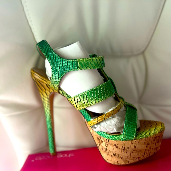 SHOEDAZZLE Ileah Cork Heels/ Size 9 / Lime Faux Snakeskin / New - Picture 4 of 5